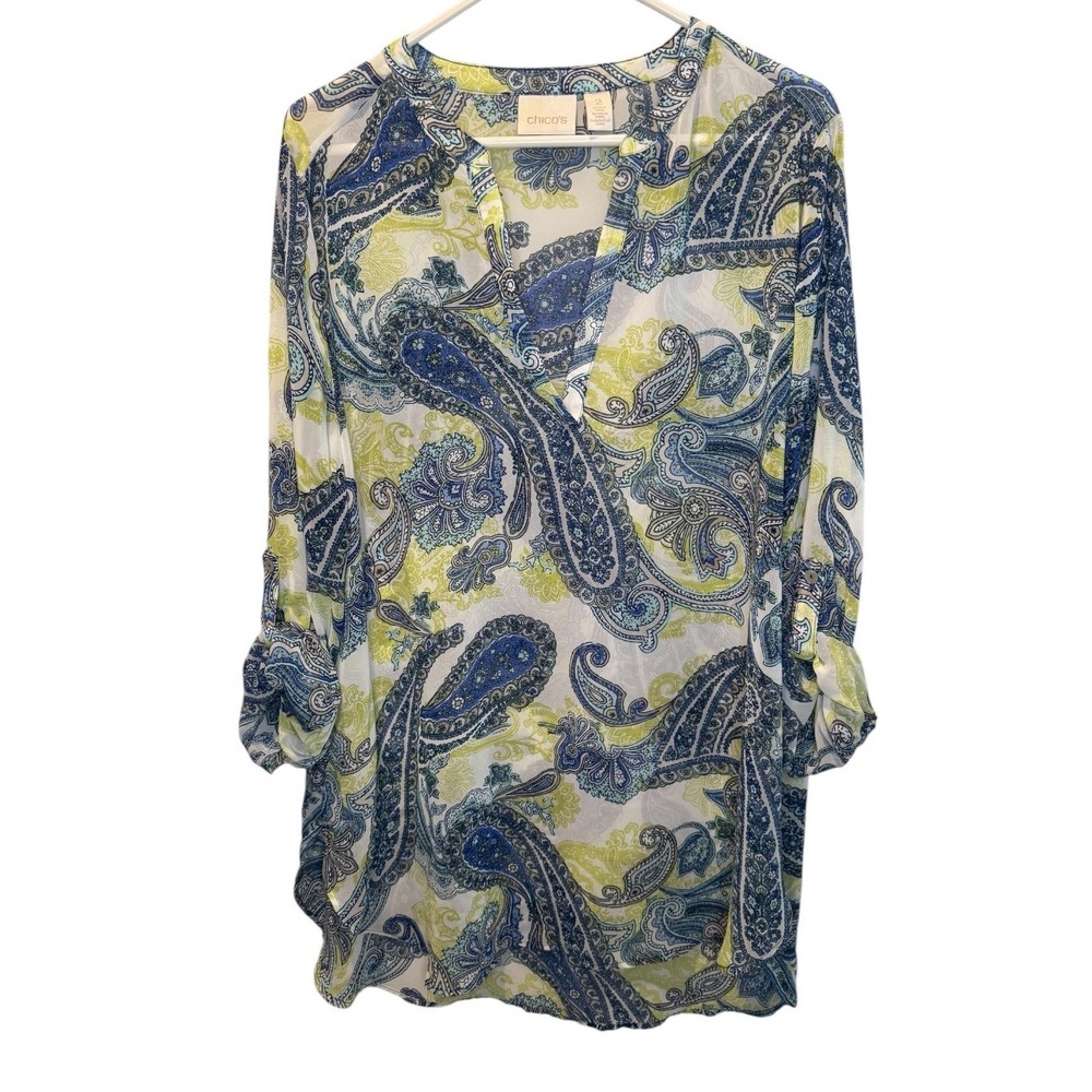Chico's Womens Blue Paisley Roll Tab Sleeve V-Neck Sheer Tunic Top 2/L Vacation